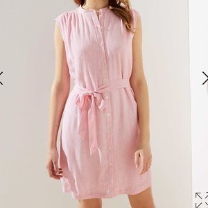 LOFT STRIPED SLEEVELESS TIE WAIST SHIRTDRESS